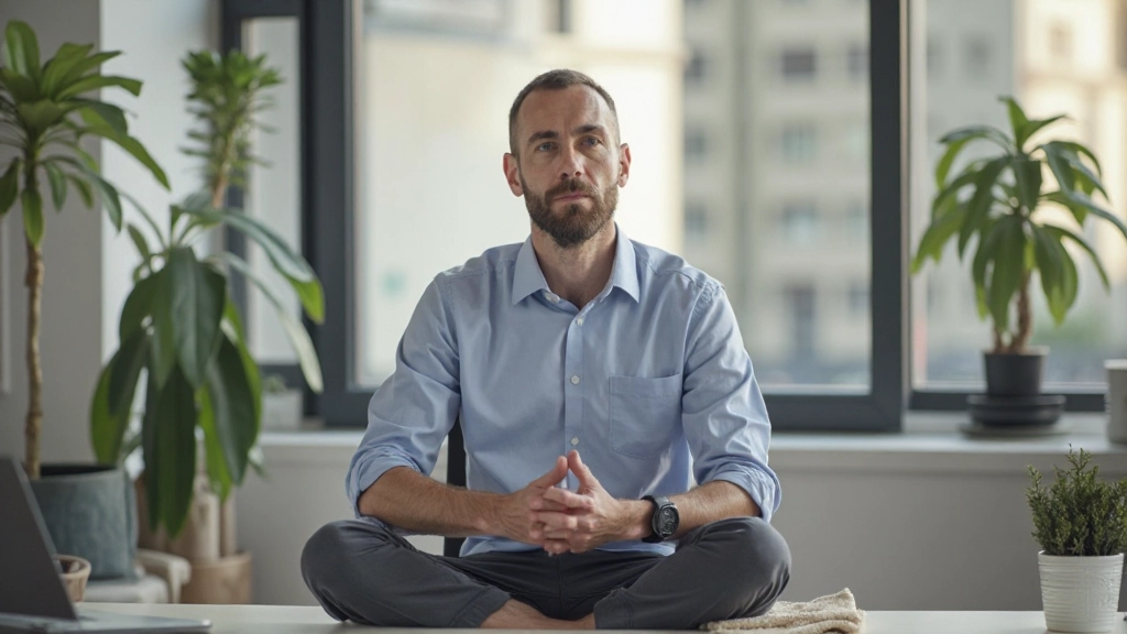 Professionele werkplek met meditatie matje en mindfulness timer op bureau