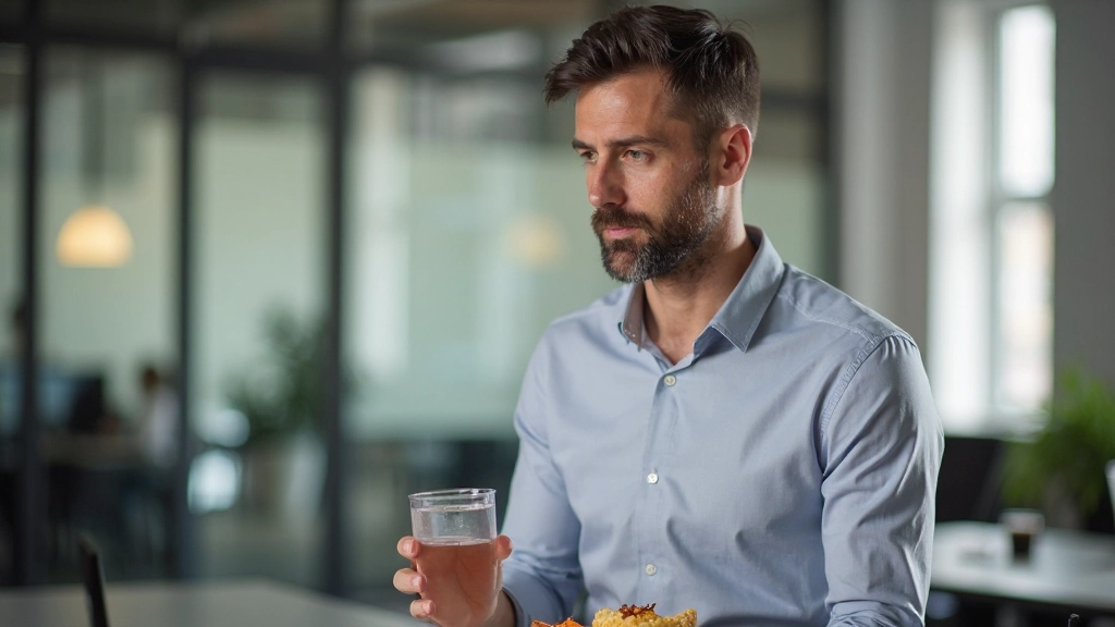 Werknemer neemt strategische pauze met gezonde snack en water bij bureau