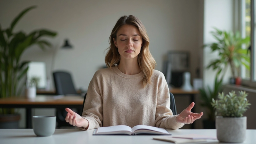 Professionele foto van iemand in meditatiehouding op een rustig werkplek