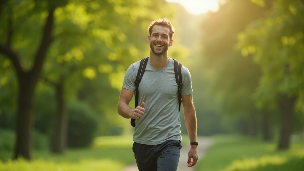 Foto van persoon die buitenshuis loopt en frisse lucht inhaalt, natuurlijke omgeving met groen