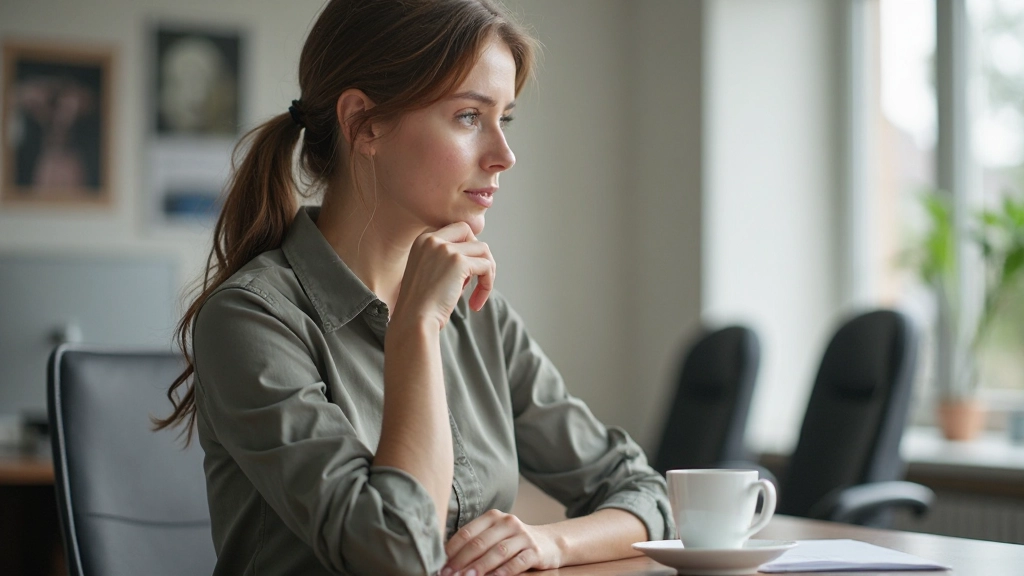 Professionele foto van realistische vrouw die pauze neemt aan bureau met kopje thee, moderne kantoor met natuurlijk licht