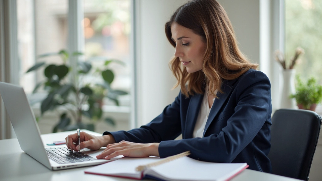 Professionele foto van zakenwoman werkend aan laptop met prioriteitslijst, modern kantoor, natuurlijk licht